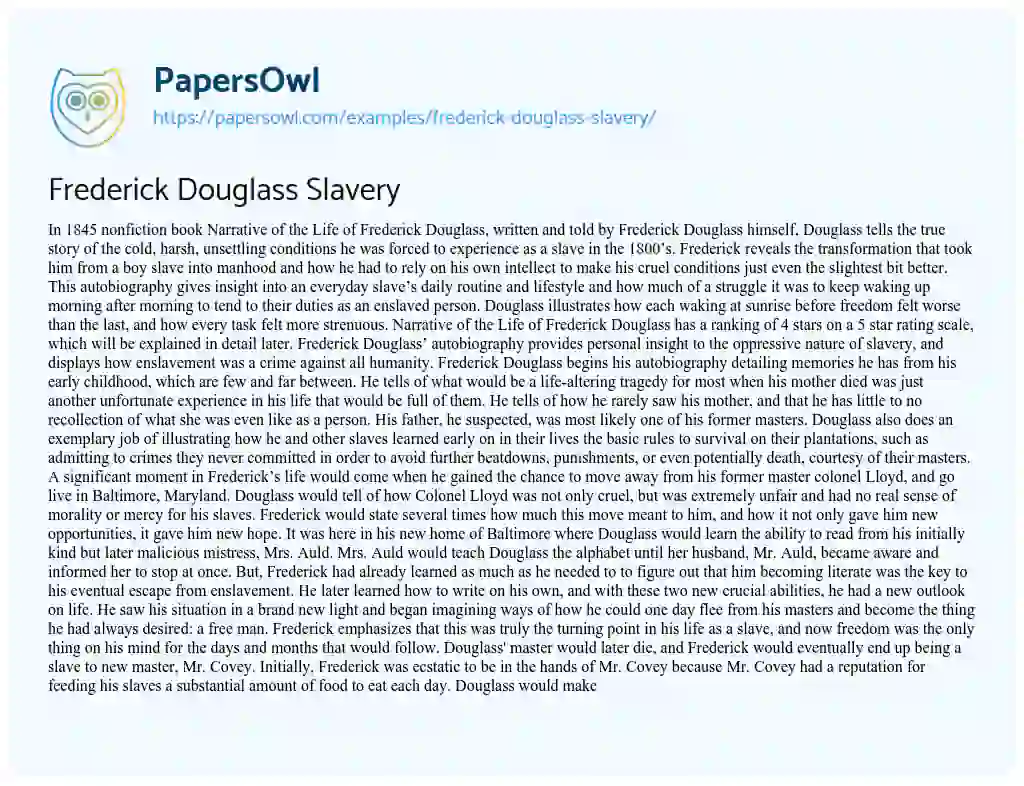 Essay on Frederick Douglass Slavery