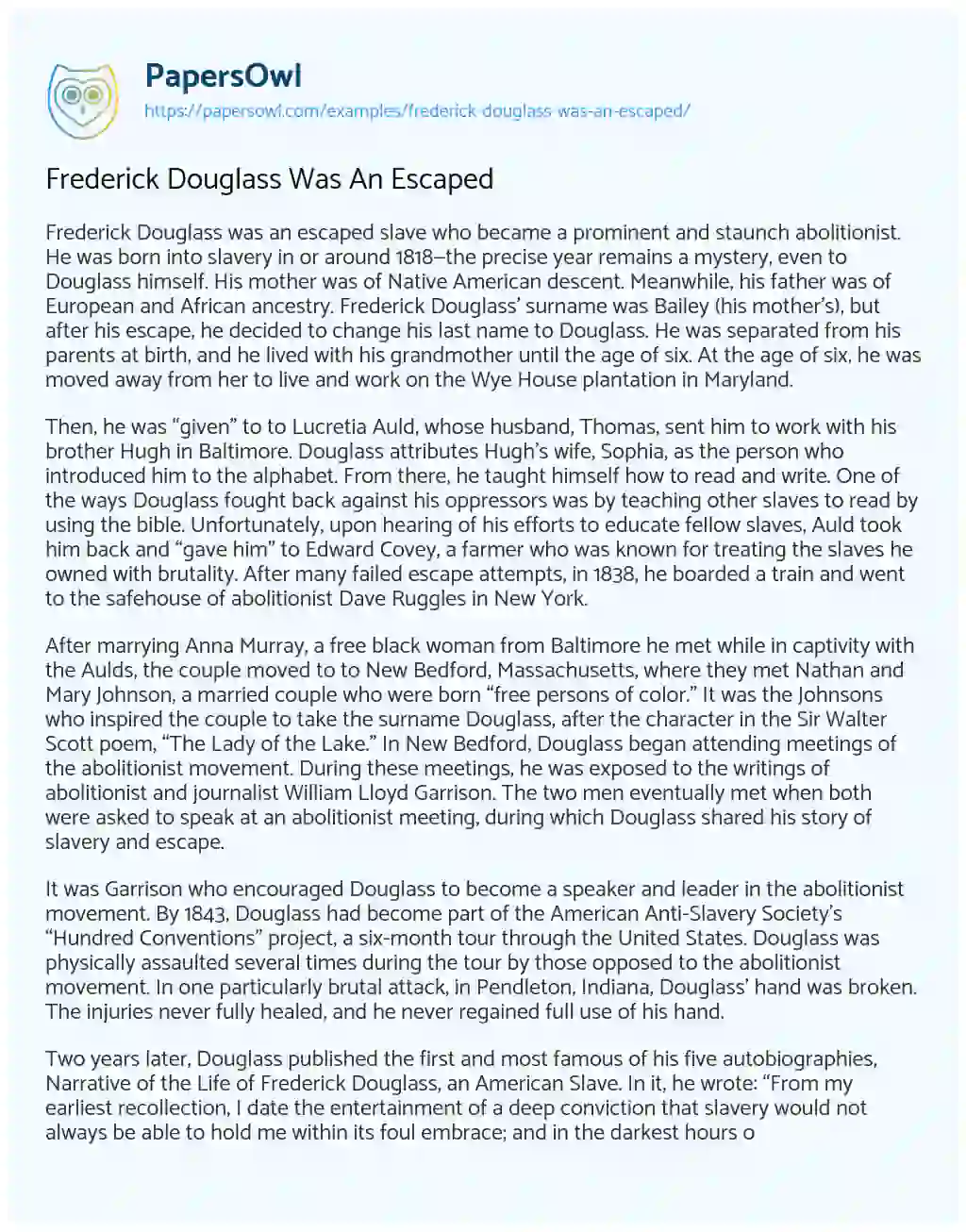 Essay on Frederick Douglass was an Escaped