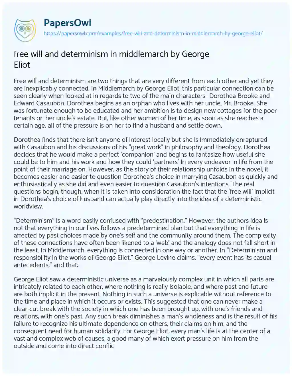 Essay on Free Will and Determinism in Middlemarch by George Eliot