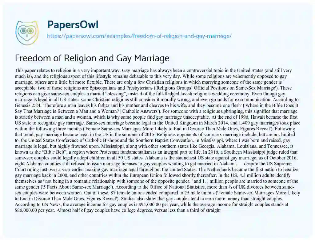 Essay on Freedom of Religion and Gay Marriage