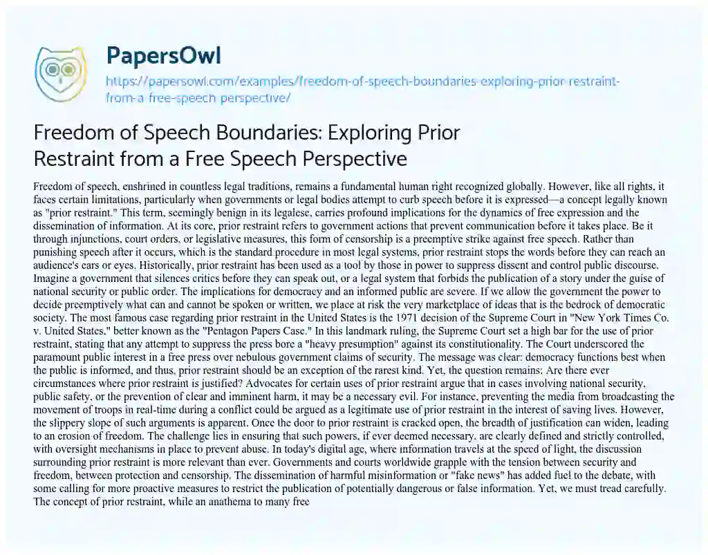 Essay on Freedom of Speech Boundaries: Exploring Prior Restraint from a Free Speech Perspective