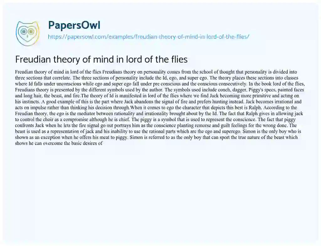 Essay on Freudian Theory of Mind in Lord of the Flies