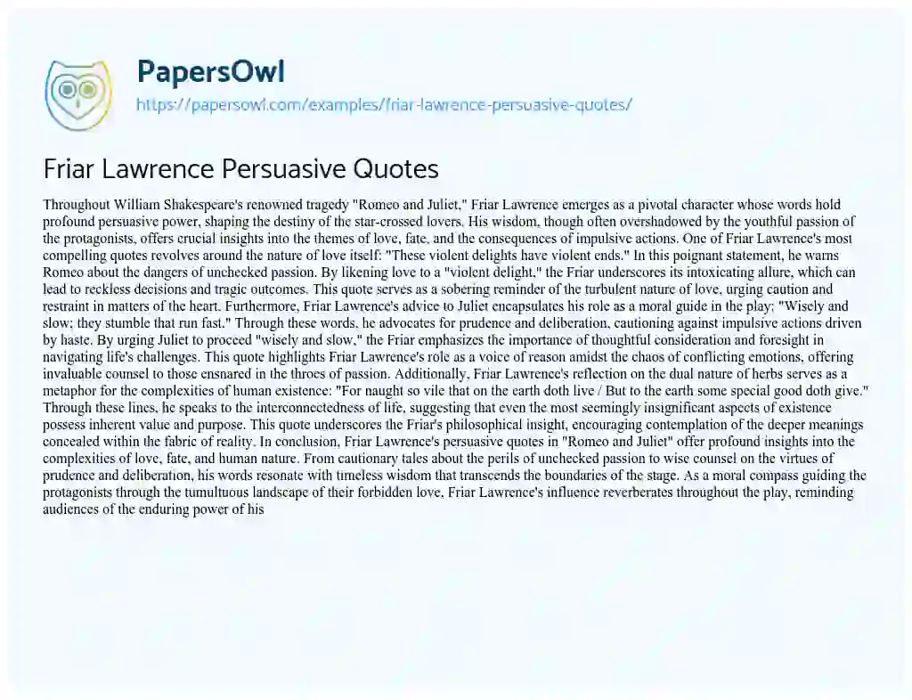 Essay on Friar Lawrence Persuasive Quotes