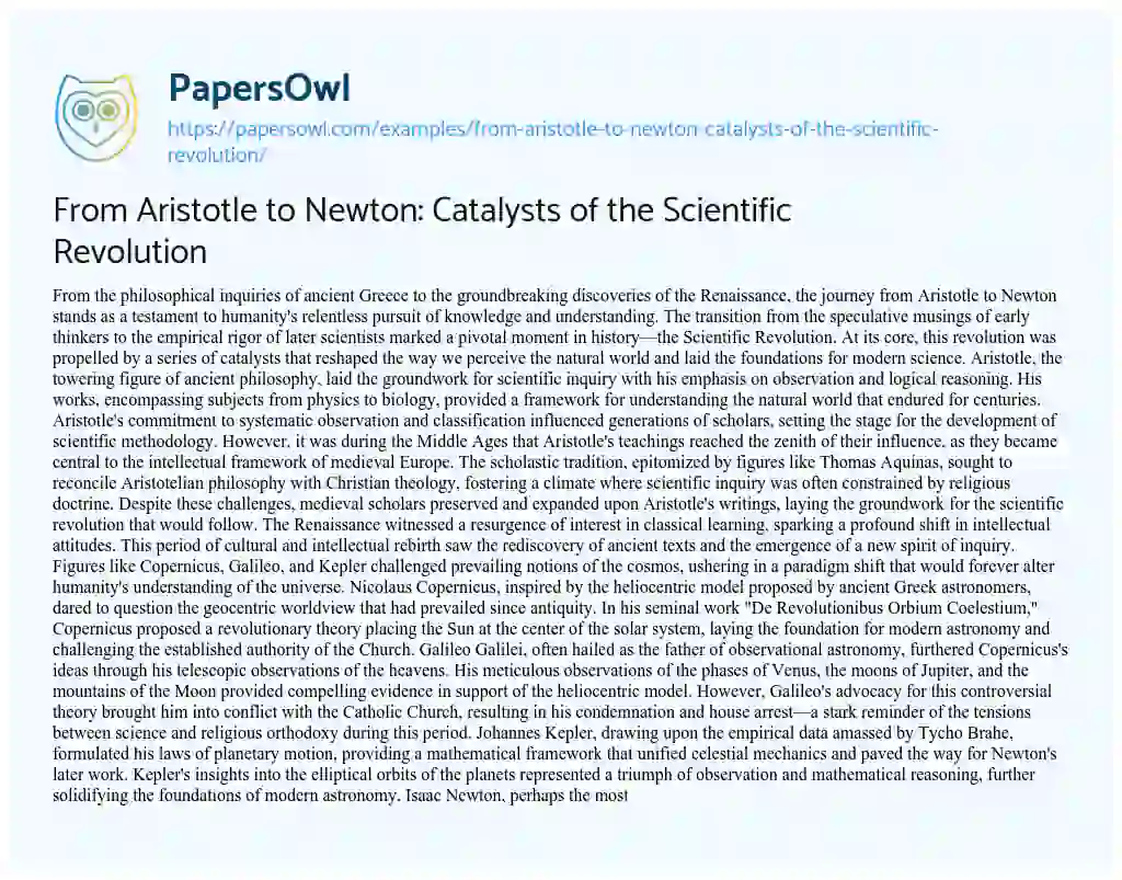 Essay on From Aristotle to Newton: Catalysts of the Scientific Revolution