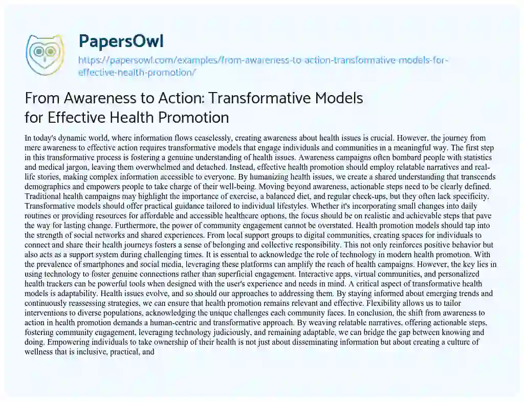 Essay on From Awareness to Action: Transformative Models for Effective Health Promotion