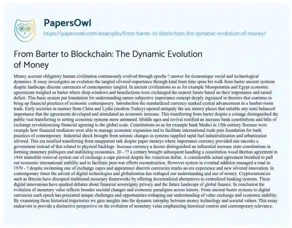 Essay on From Barter to Blockchain: the Dynamic Evolution of Money