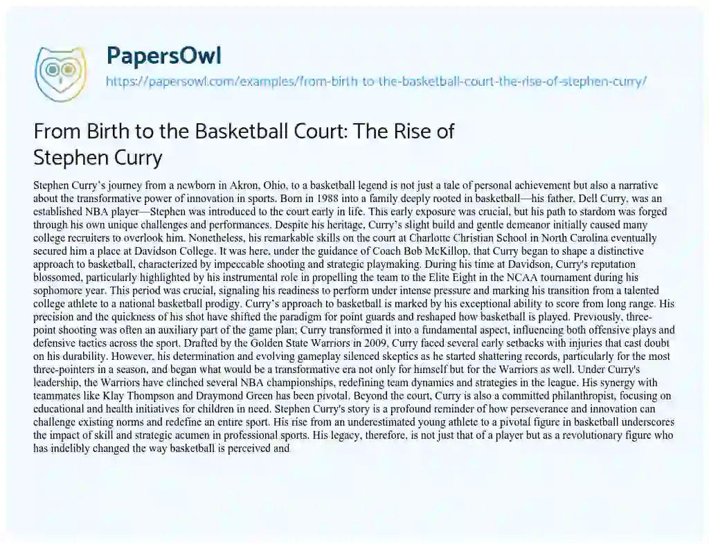 Essay on From Birth to the Basketball Court: the Rise of Stephen Curry