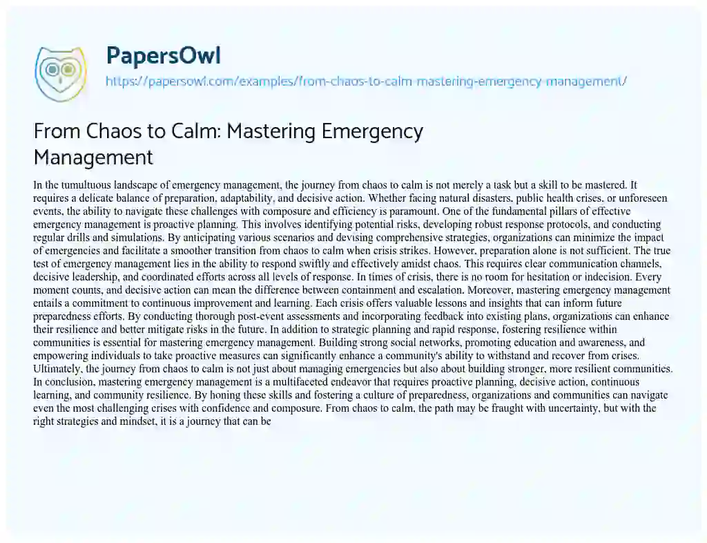 Essay on From Chaos to Calm: Mastering Emergency Management