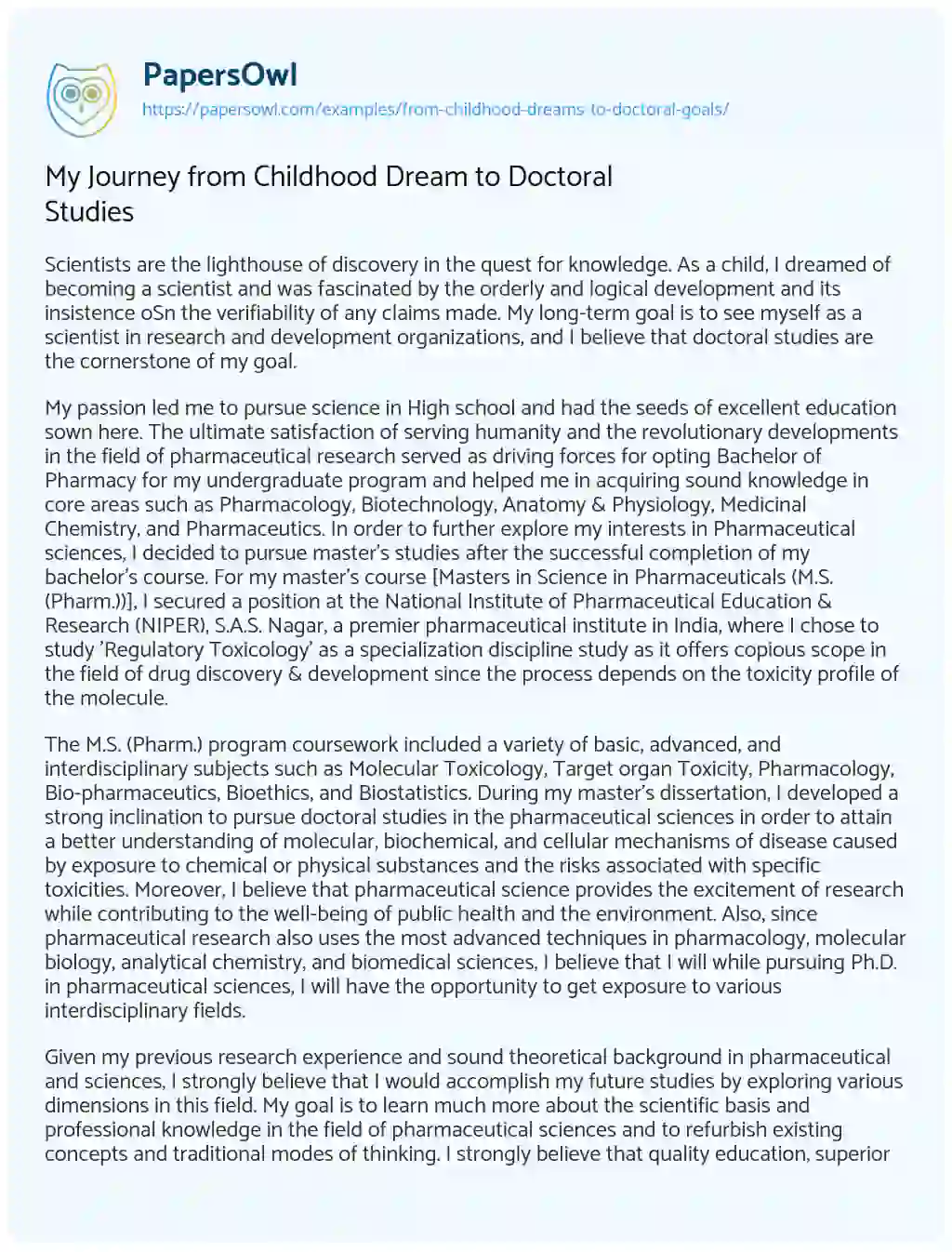 Essay on My Journey from Childhood Dream to Doctoral Studies