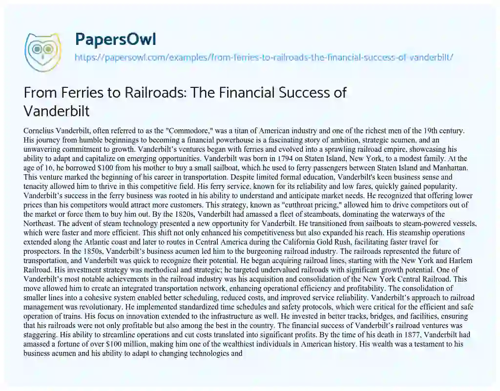 Essay on From Ferries to Railroads: the Financial Success of Vanderbilt