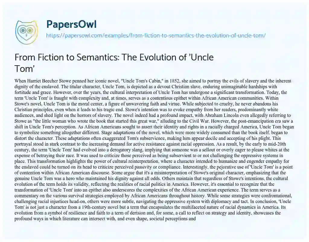 Essay on From Fiction to Semantics: the Evolution of ‘Uncle Tom’
