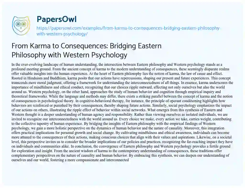 Essay on From Karma to Consequences: Bridging Eastern Philosophy with Western Psychology