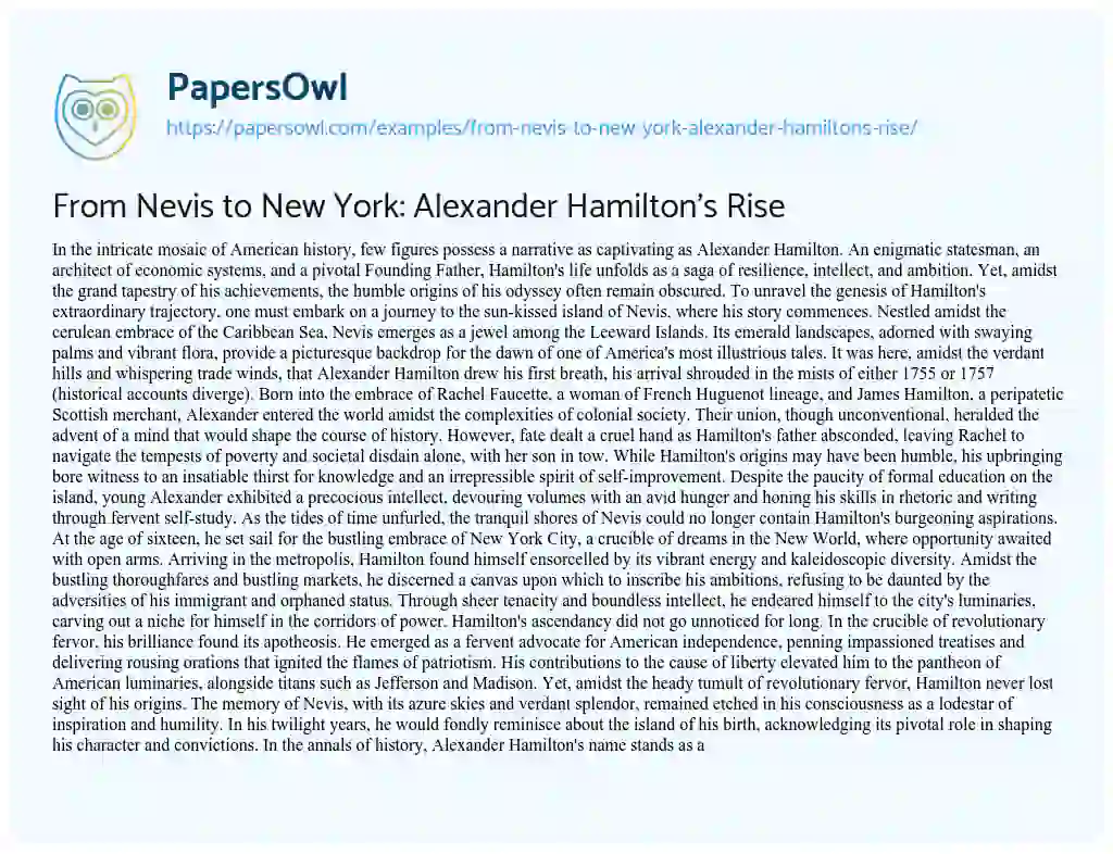 Essay on From Nevis to New York: Alexander Hamilton’s Rise