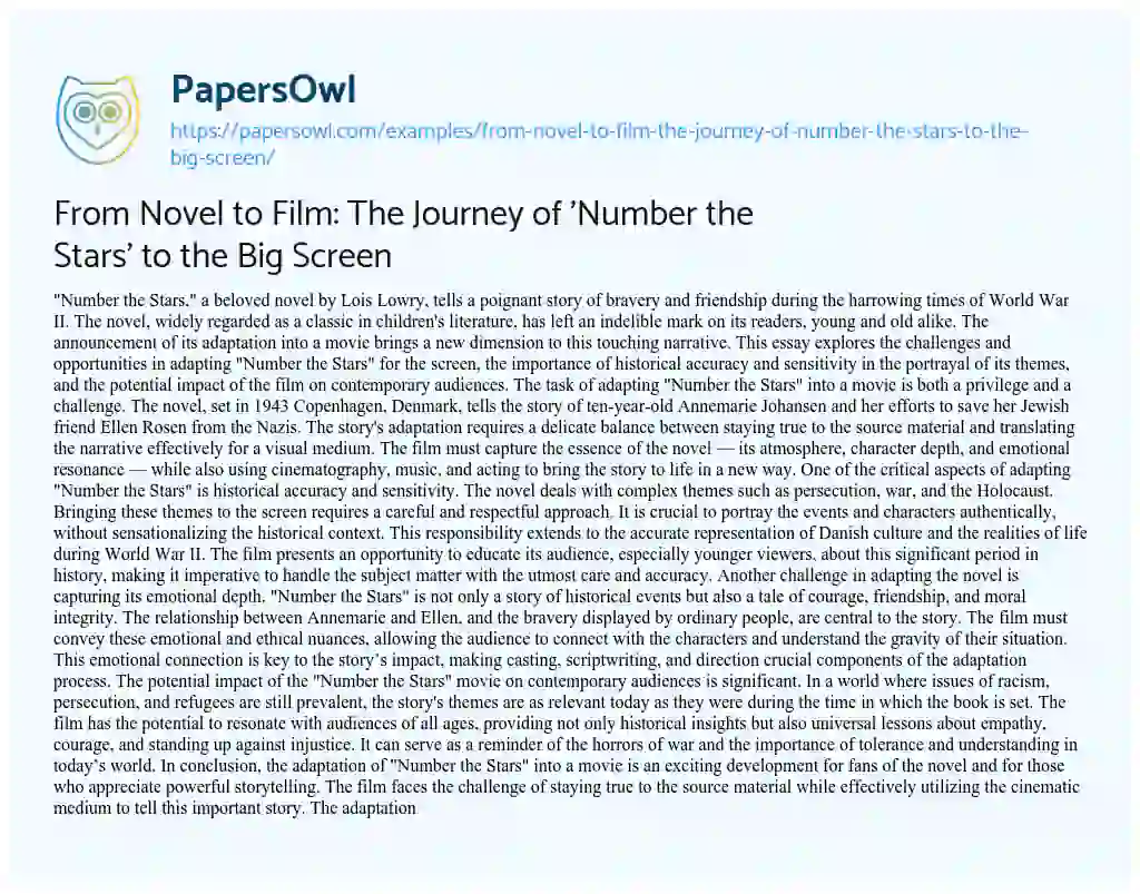 Essay on From Novel to Film: the Journey of ‘Number the Stars’ to the Big Screen