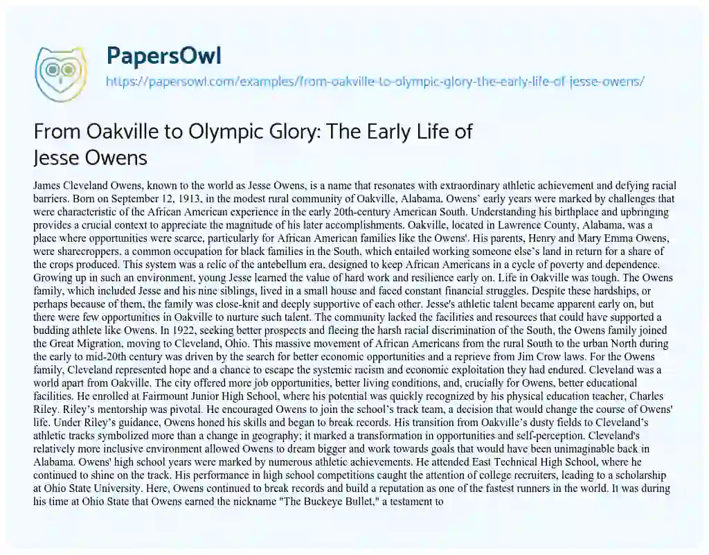 Essay on From Oakville to Olympic Glory: the Early Life of Jesse Owens