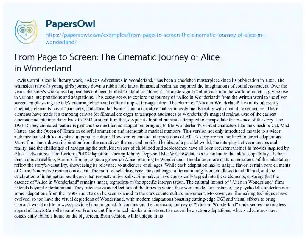 Essay on From Page to Screen: the Cinematic Journey of Alice in Wonderland