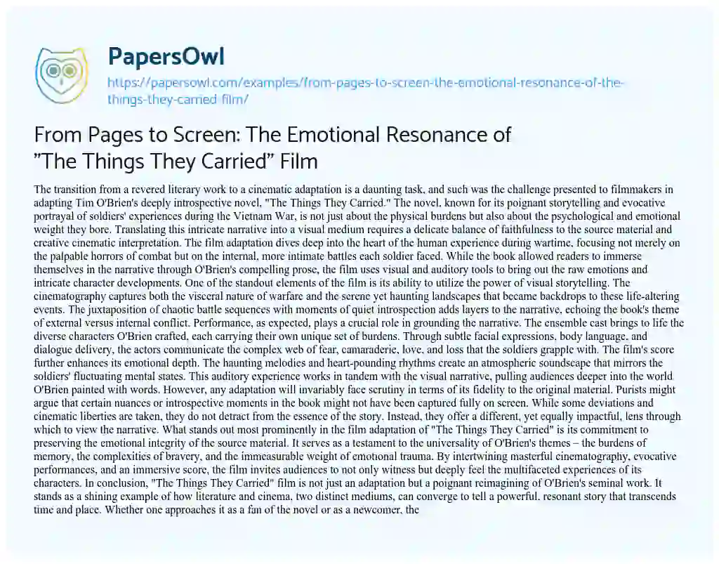 Essay on From Pages to Screen: the Emotional Resonance of “The Things they Carried” Film