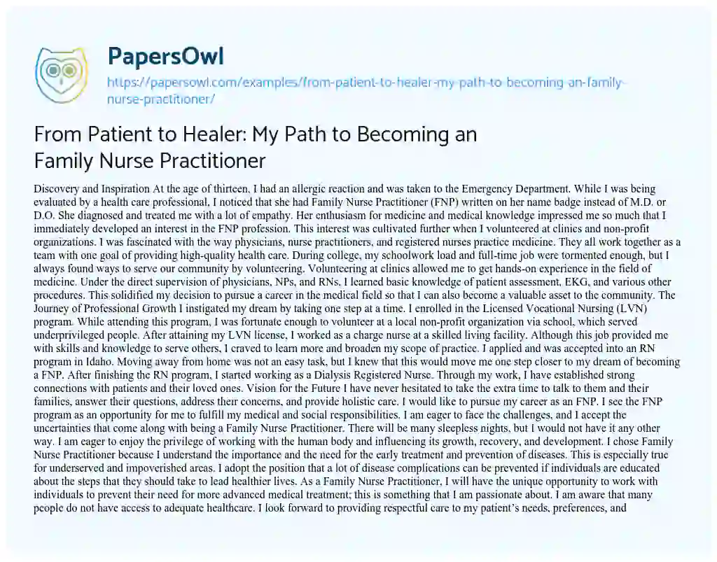 Essay on From Patient to Healer: my Path to Becoming an Family Nurse Practitioner