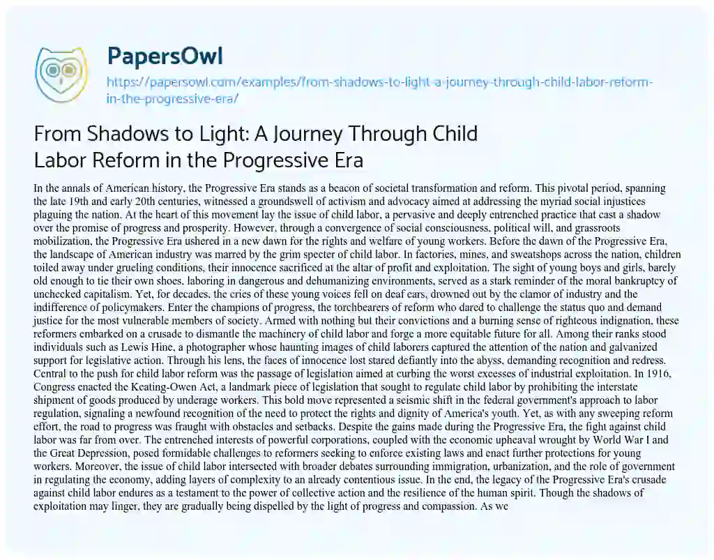 Essay on From Shadows to Light: a Journey through Child Labor Reform in the Progressive Era