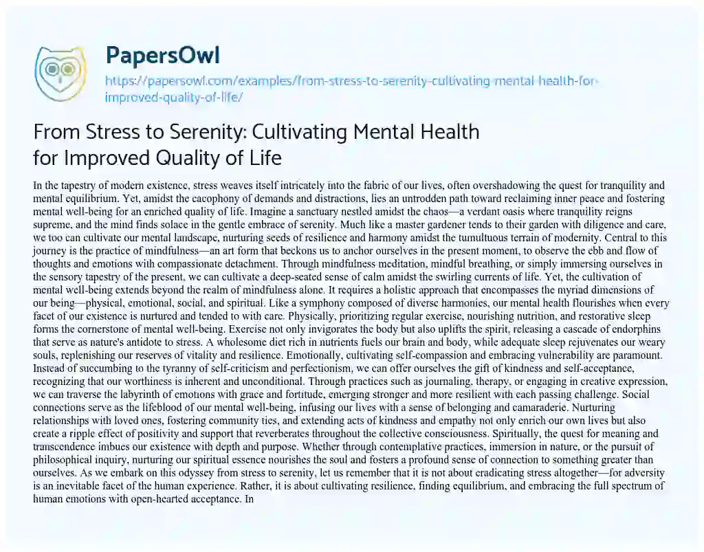 Essay on From Stress to Serenity: Cultivating Mental Health for Improved Quality of Life