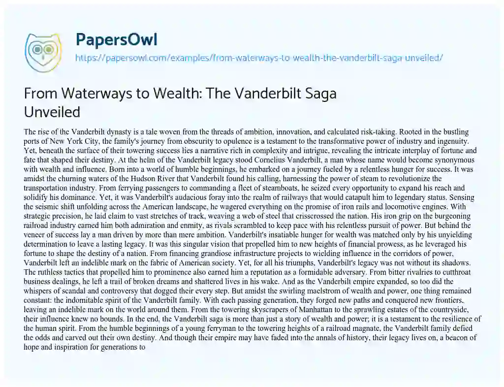 Essay on From Waterways to Wealth: the Vanderbilt Saga Unveiled