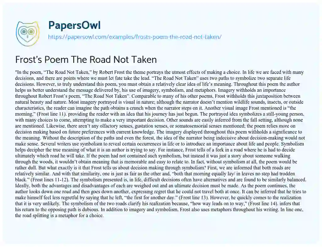 Essay on Frost’s Poem the Road not Taken