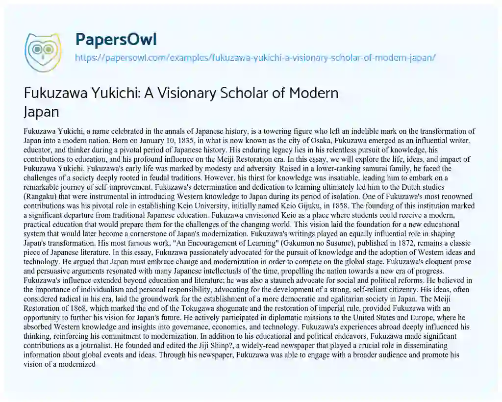 Essay on Fukuzawa Yukichi: a Visionary Scholar of Modern Japan