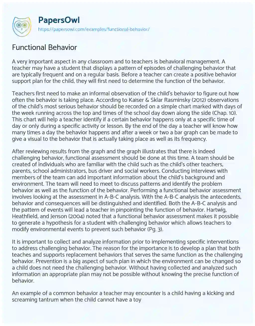Essay on Functional Behavior