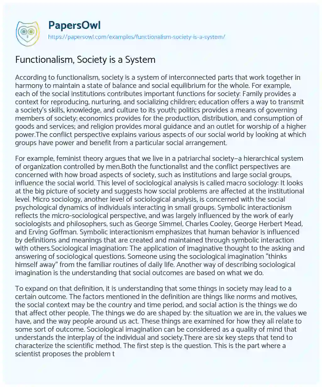 Functionalism, Society is a System essay