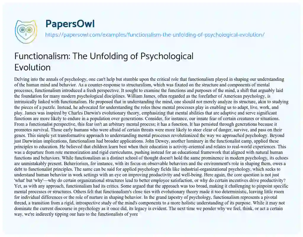 Essay on Functionalism: the Unfolding of Psychological Evolution