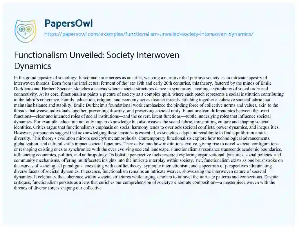 Essay on Functionalism Unveiled: Society Interwoven Dynamics