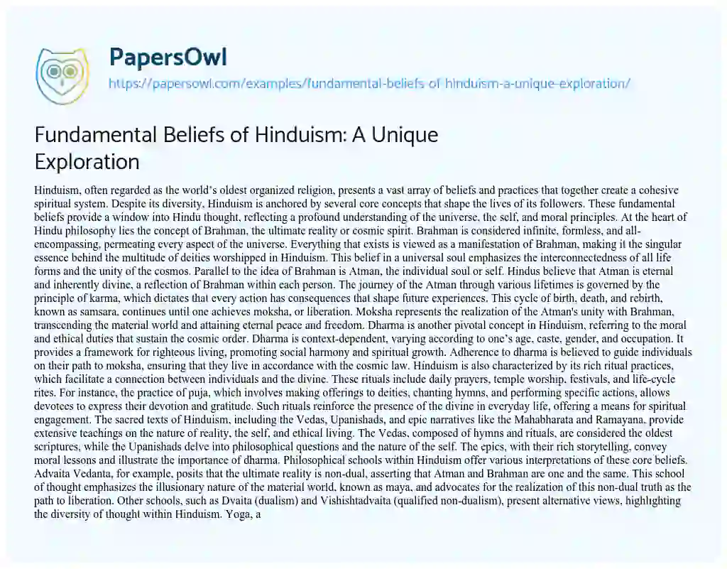 Essay on Fundamental Beliefs of Hinduism: a Unique Exploration