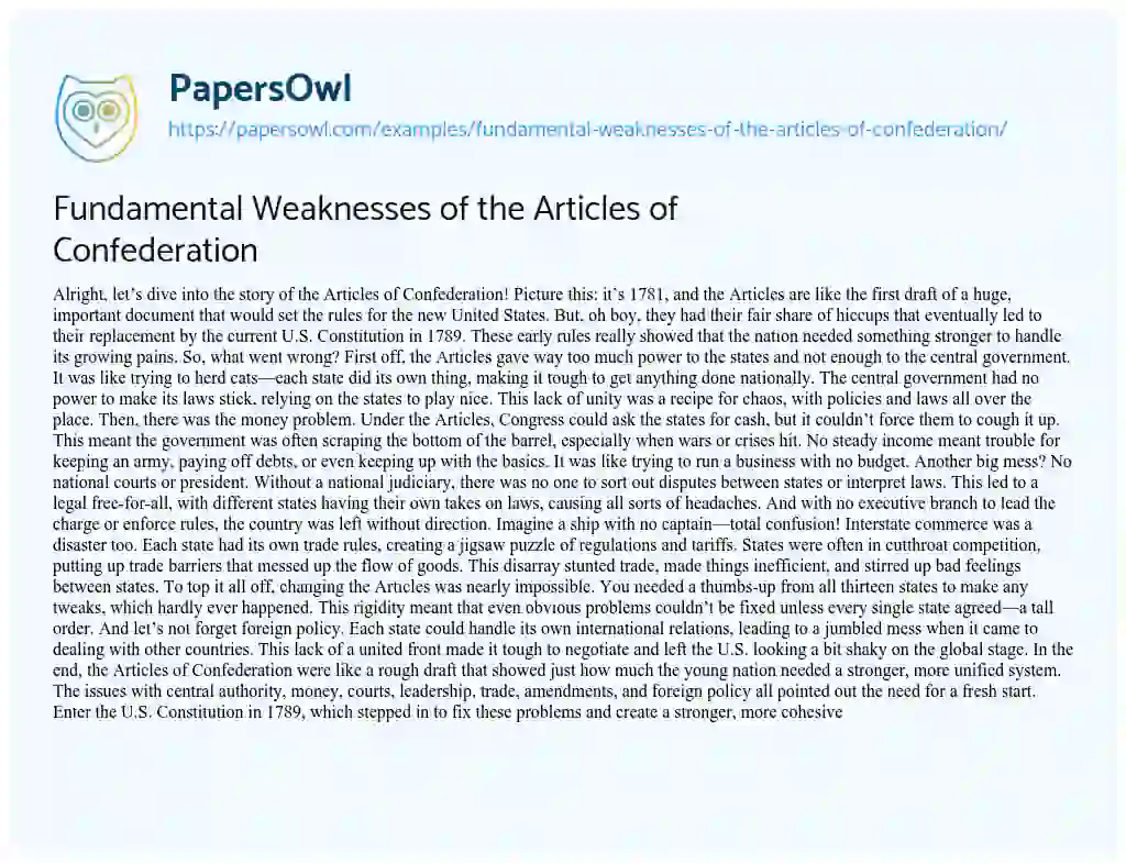 Essay on Fundamental Weaknesses of the Articles of Confederation