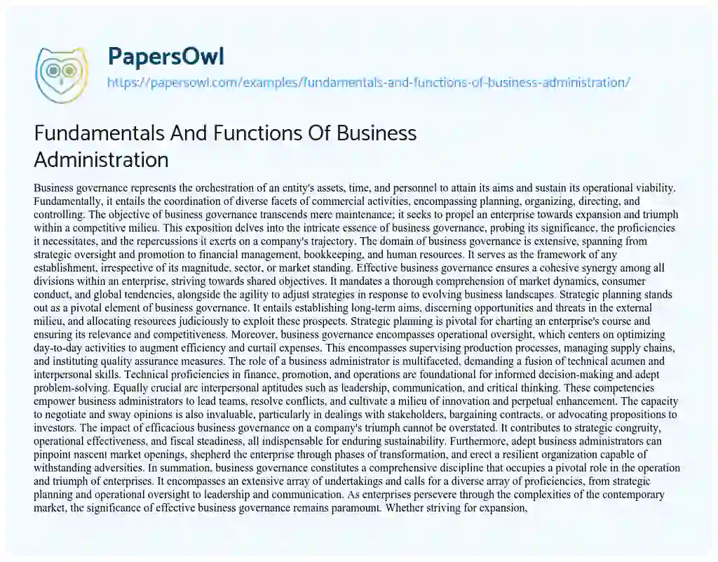 Essay on Fundamentals and Functions of Business Administration