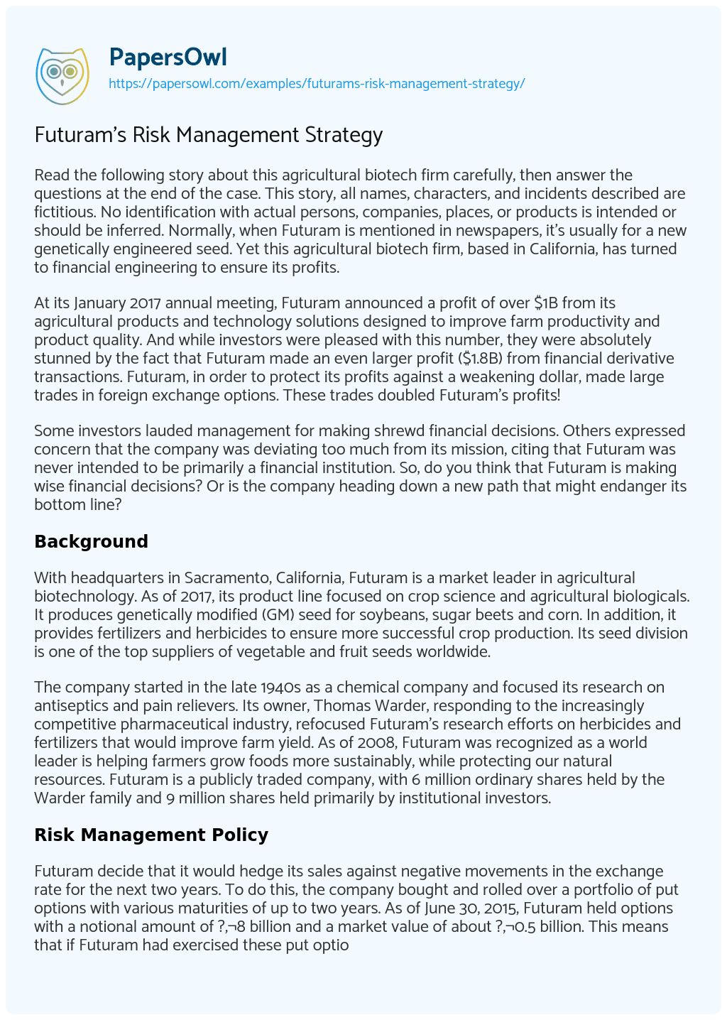 Essay on Futuram’s Risk Management Strategy