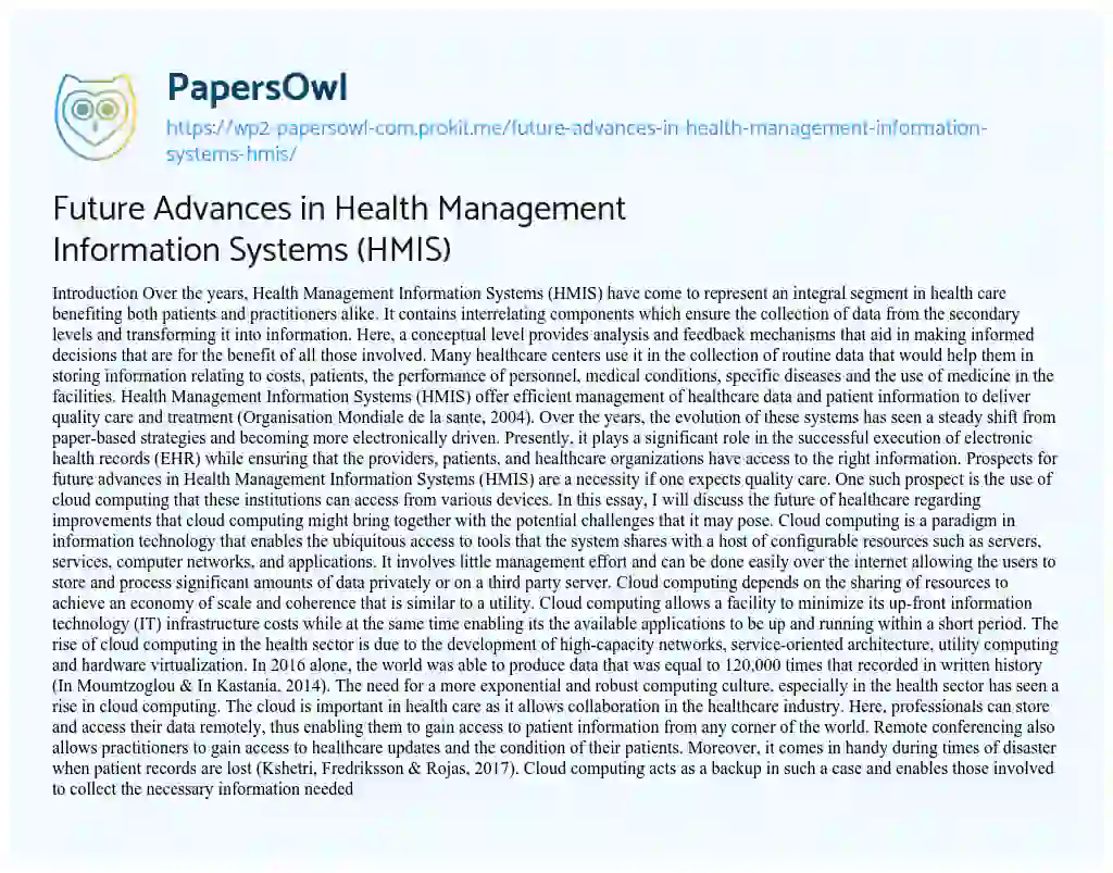 Essay on Future Advances in Health Management Information Systems (HMIS)