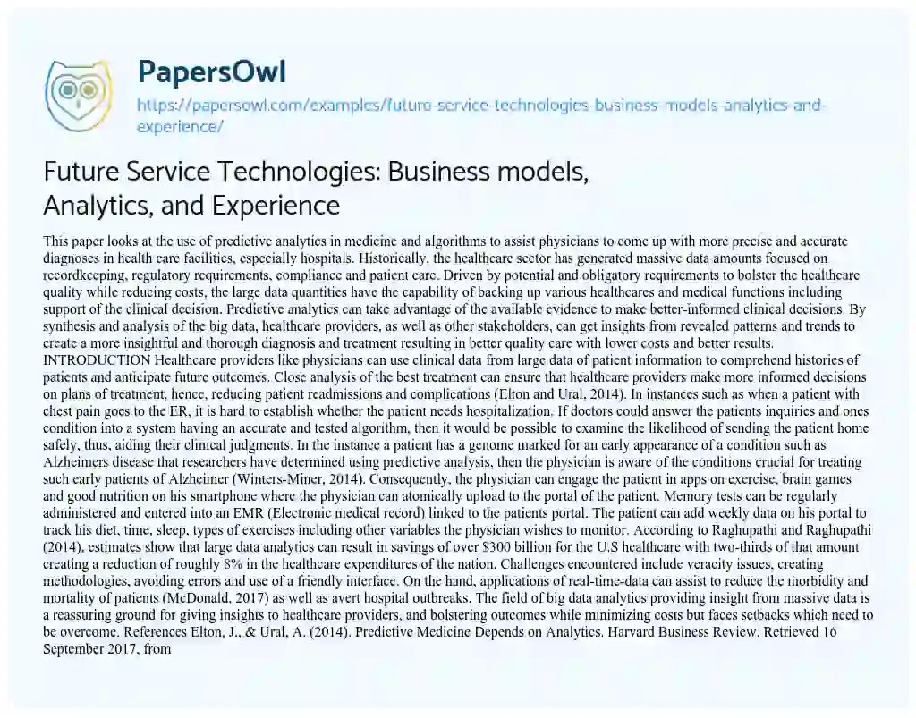 Essay on Future Service Technologies: Business Models, Analytics, and Experience