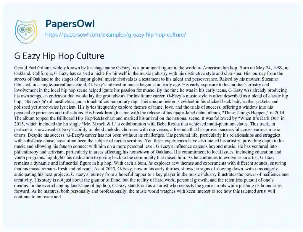 Essay on G Eazy Hip Hop Culture