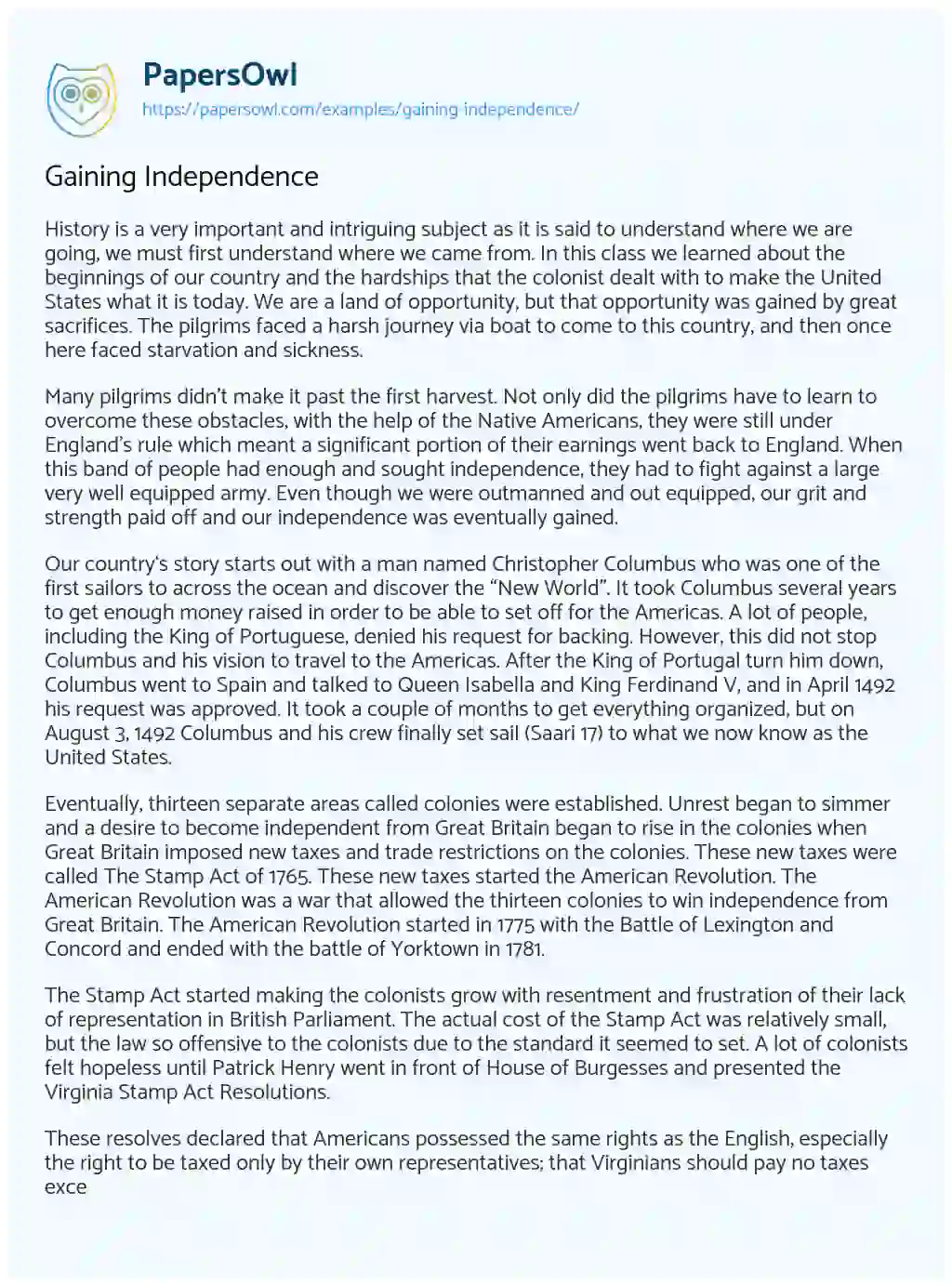 Essay on Gaining Independence