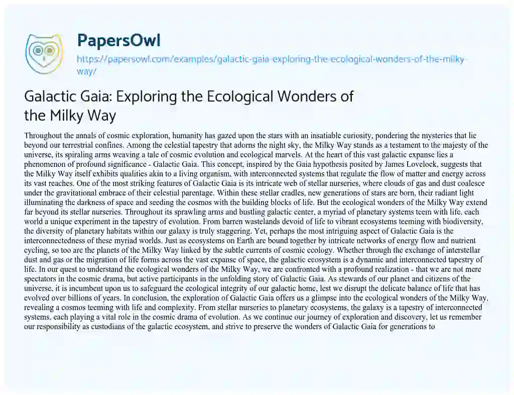 Essay on Galactic Gaia: Exploring the Ecological Wonders of the Milky Way