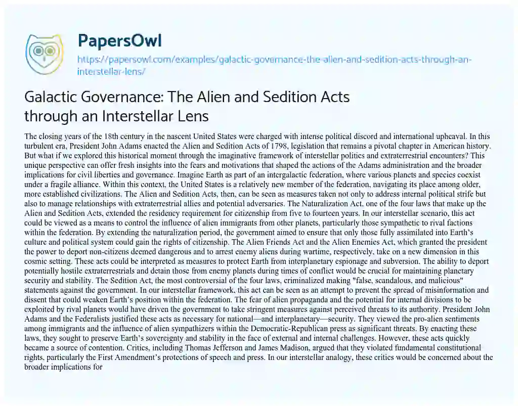 Essay on Galactic Governance: the Alien and Sedition Acts through an Interstellar Lens