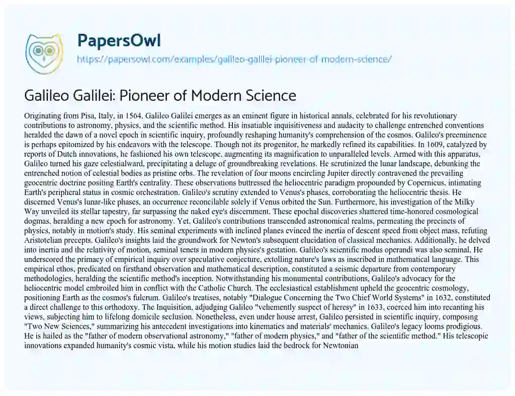 Essay on Galileo Galilei: Pioneer of Modern Science