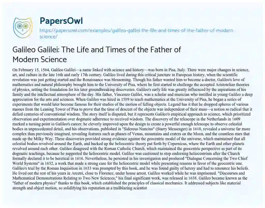 Essay on Galileo Galilei: the Life and Times of the Father of Modern Science