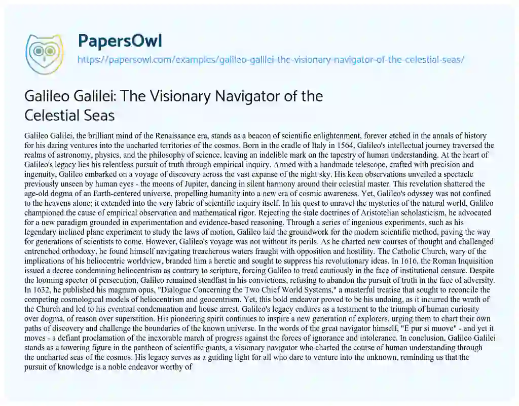 Essay on Galileo Galilei: the Visionary Navigator of the Celestial Seas