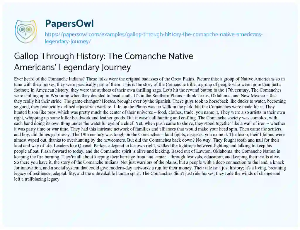 Essay on Gallop through History: the Comanche Native Americans’ Legendary Journey