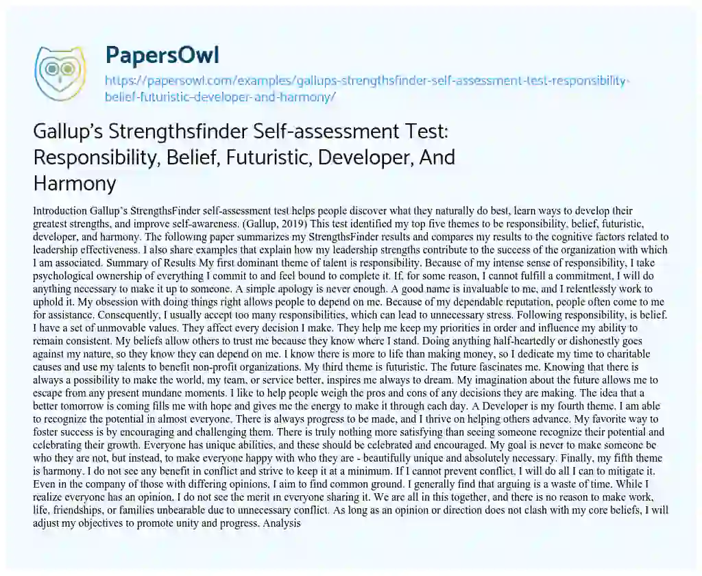 Essay on Gallup’s Strengthsfinder Self-assessment Test: Responsibility, Belief, Futuristic, Developer, and Harmony