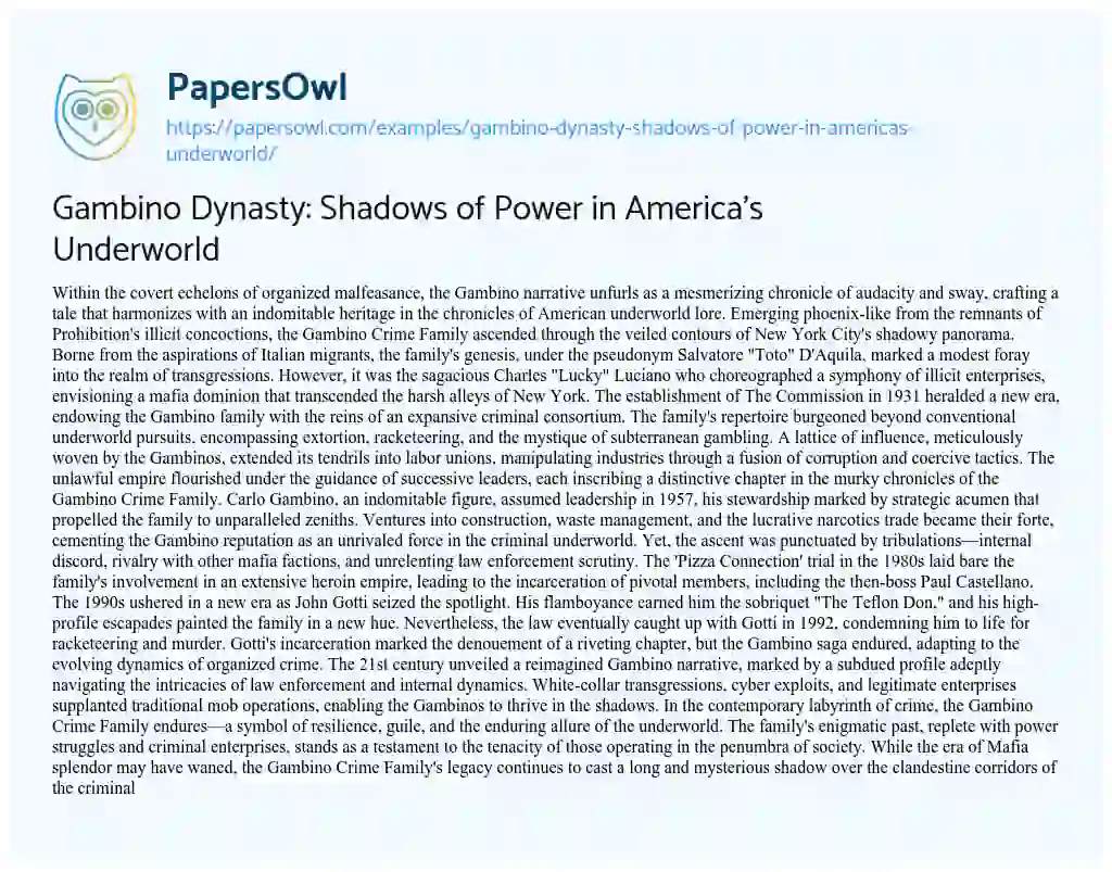 Essay on Gambino Dynasty: Shadows of Power in America’s Underworld