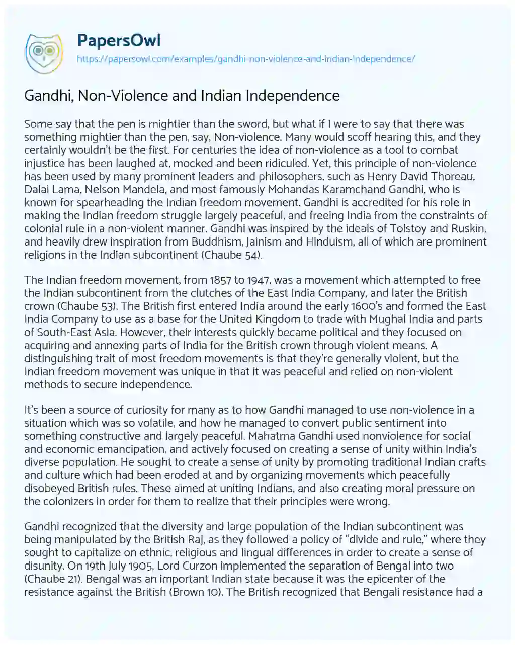 Essay on Gandhi, Non-Violence and Indian Independence