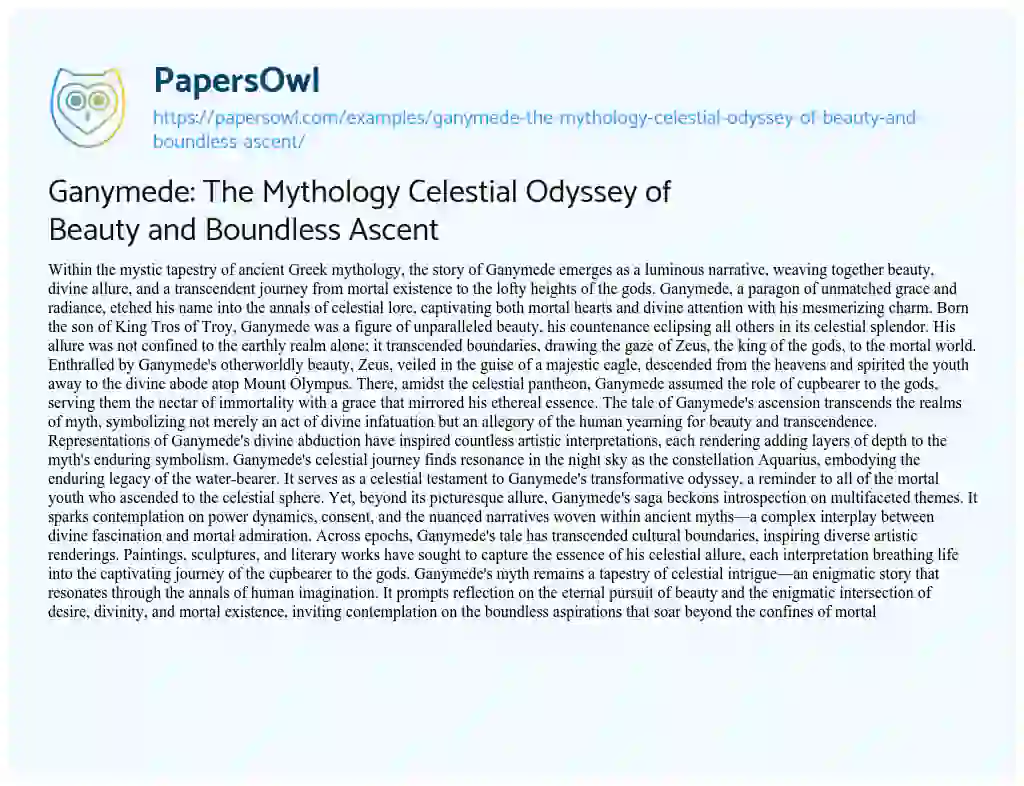 Essay on Ganymede: the Mythology Celestial Odyssey of Beauty and Boundless Ascent