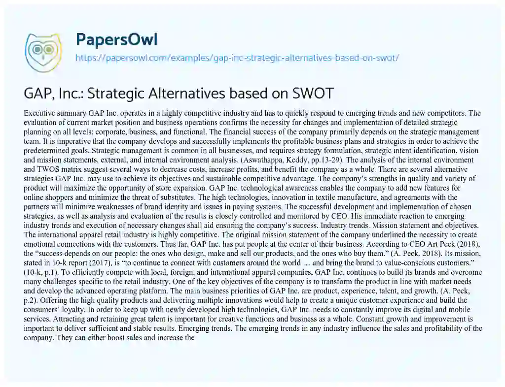 Essay on GAP, Inc.: Strategic Alternatives Based on SWOT